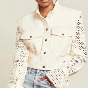 Veronica Beard Cream Crochet-Sleeve Jean Jacket